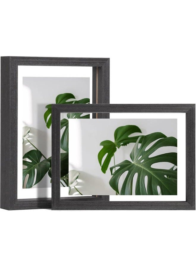 Egofine 5x7 Floating Frames Set of 2, Double Glass Pictrue Frame, Made of Solid Wood Display Any Size Photo up to 5x7, Wall Mount or Tabletop Standing, Rustic Black - Image 1