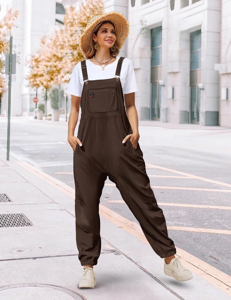 YESNO Women's Casual Corduroy Overalls Sleeveless Adjustable Straps Loose Harem Bib Jumpsuits for Women with Pockets L PCL Coffee - Image 2