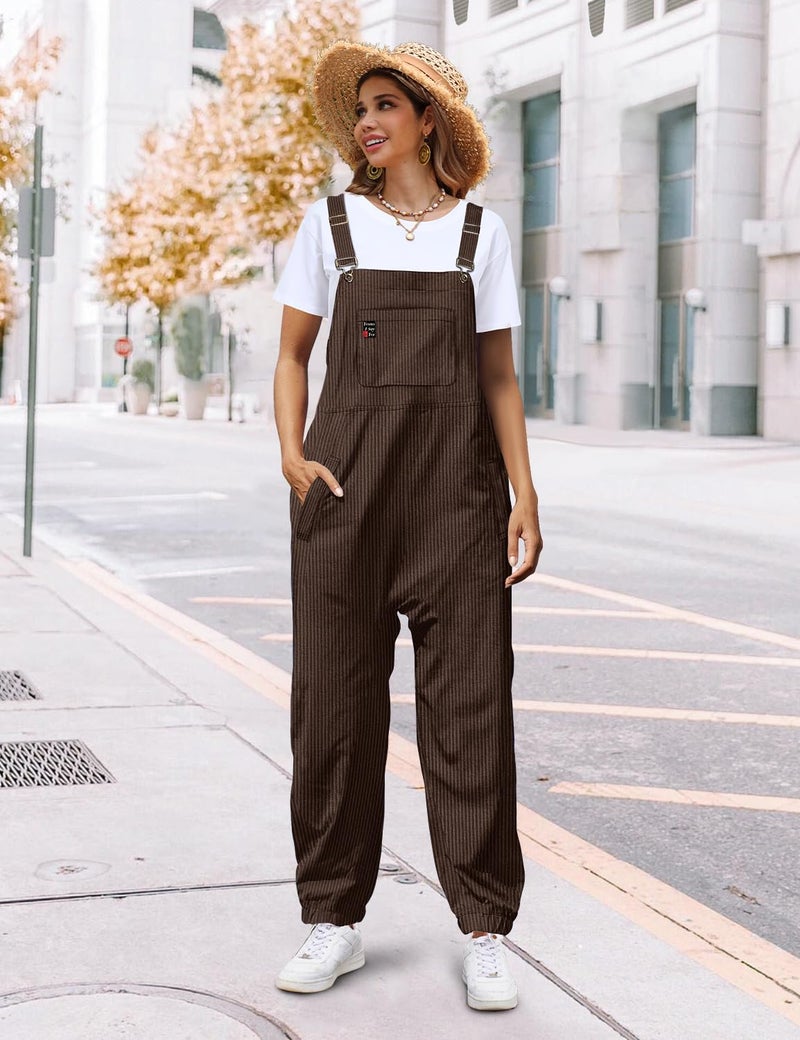 YESNO Women's Casual Corduroy Overalls Sleeveless Adjustable Straps Loose Harem Bib Jumpsuits for Women with Pockets L PCL Coffee - Image 3