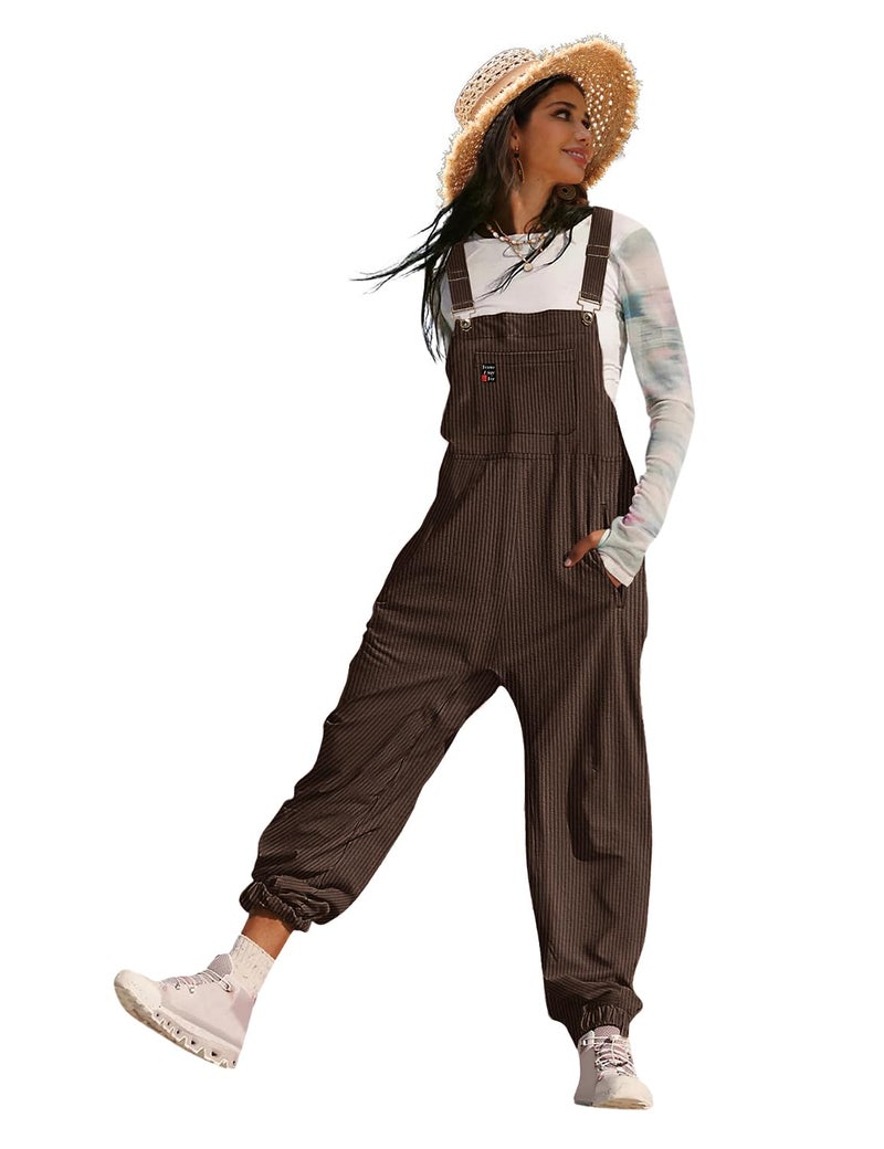 YESNO Women's Casual Corduroy Overalls Sleeveless Adjustable Straps Loose Harem Bib Jumpsuits for Women with Pockets L PCL Coffee - Image 1