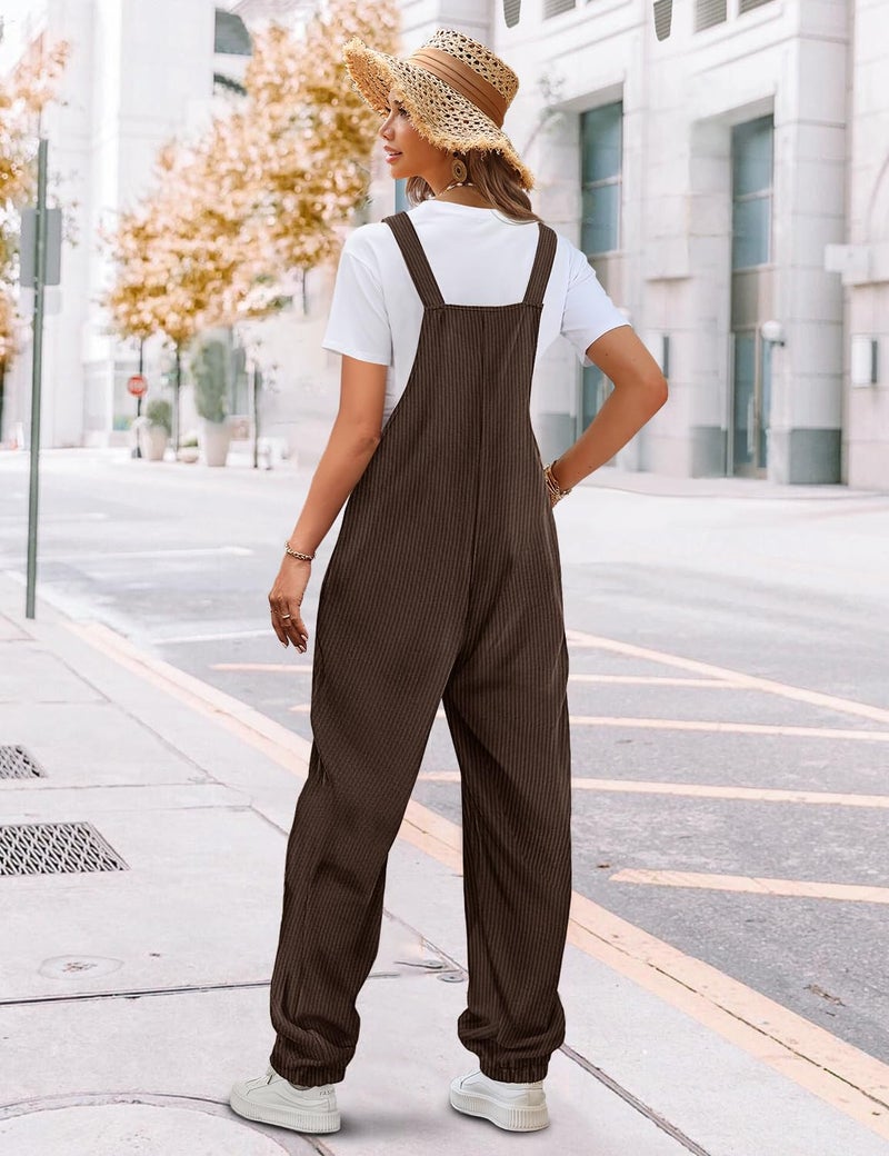 YESNO Women's Casual Corduroy Overalls Sleeveless Adjustable Straps Loose Harem Bib Jumpsuits for Women with Pockets L PCL Coffee - Image 4
