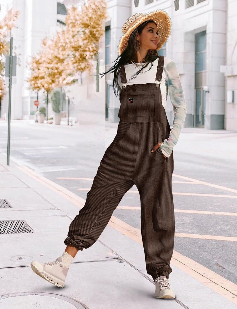 YESNO Women's Casual Corduroy Overalls Sleeveless Adjustable Straps Loose Harem Bib Jumpsuits for Women with Pockets L PCL Coffee - Image 5