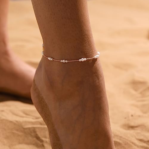 Kyerlyn Dainty Pearl Chain Anklets for Women 18k Gold Plated Ankle Bracelets for Women Waterproof Adjustable Chain Gold Anklet Simple Fashion Summer Beach Gift - Image 2