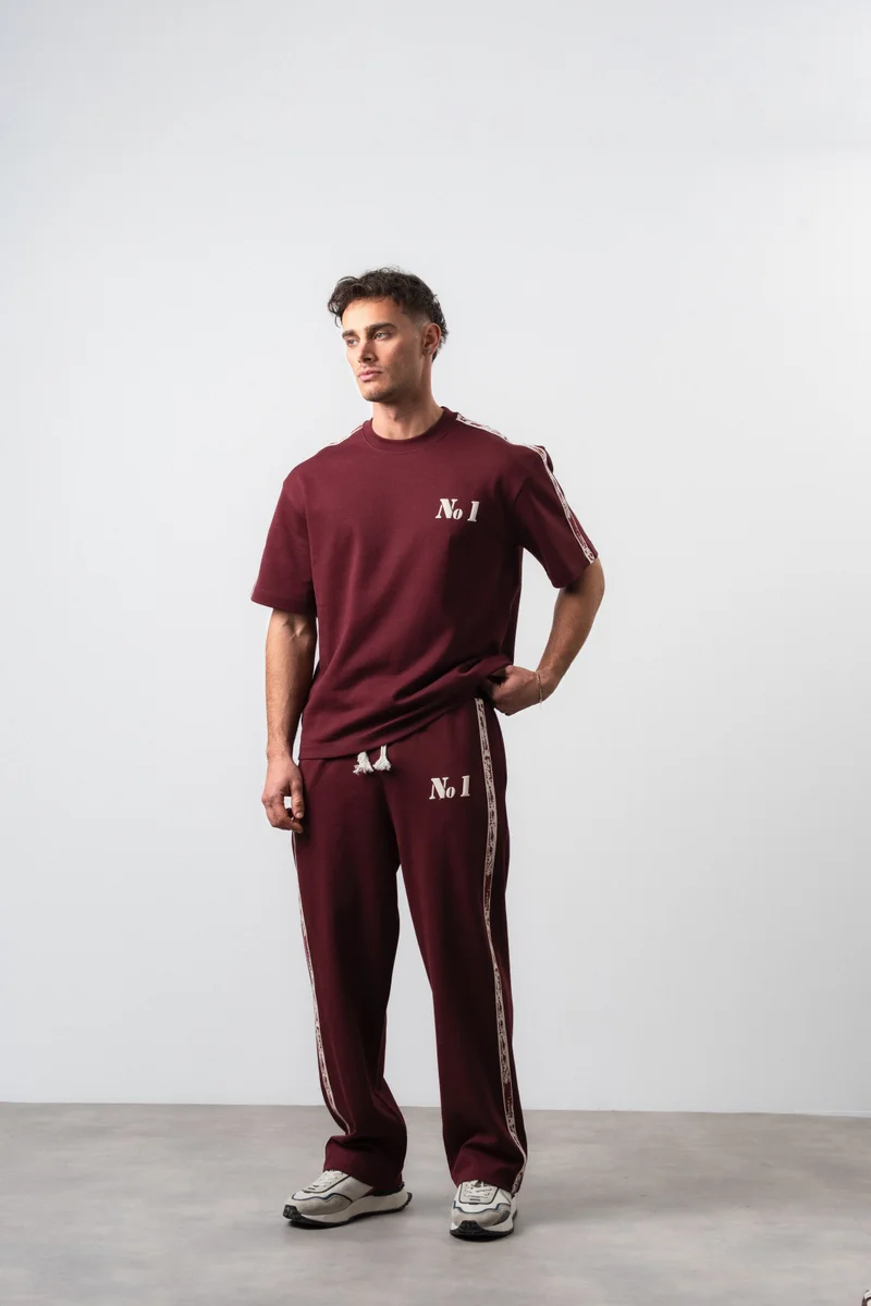 RESPIRE Men's No. 1 Striped Detail Regular Fit T-Shirt and Pants Set, Burgundy