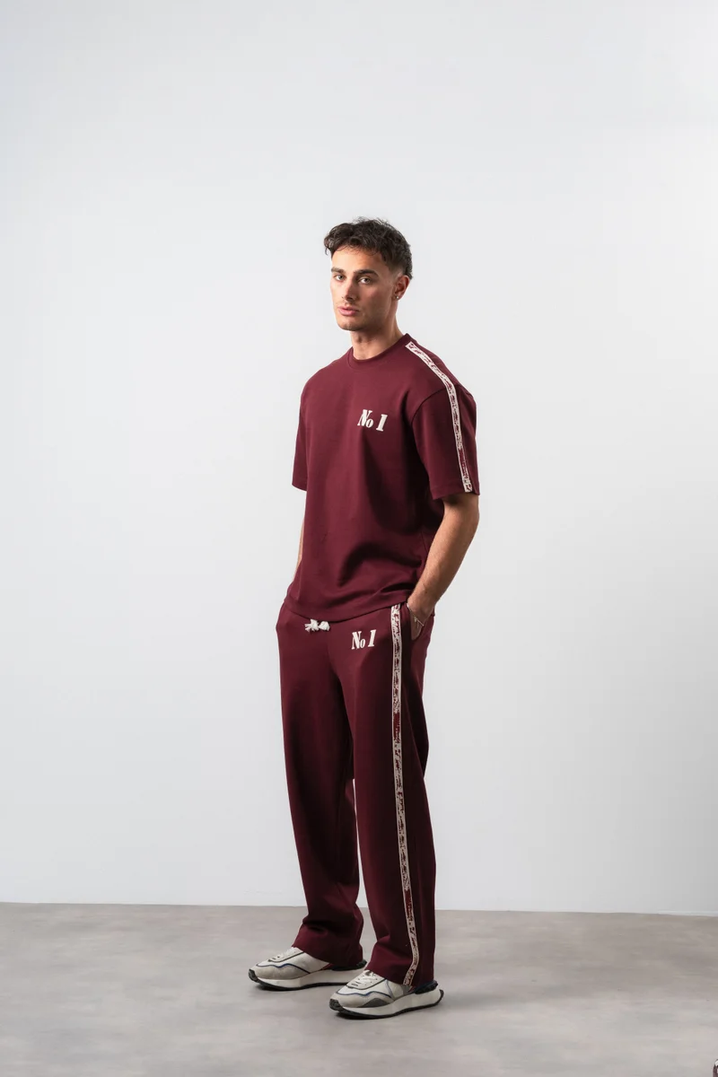 RESPIRE Men's No. 1 Striped Detail Regular Fit T-Shirt and Pants Set, Burgundy