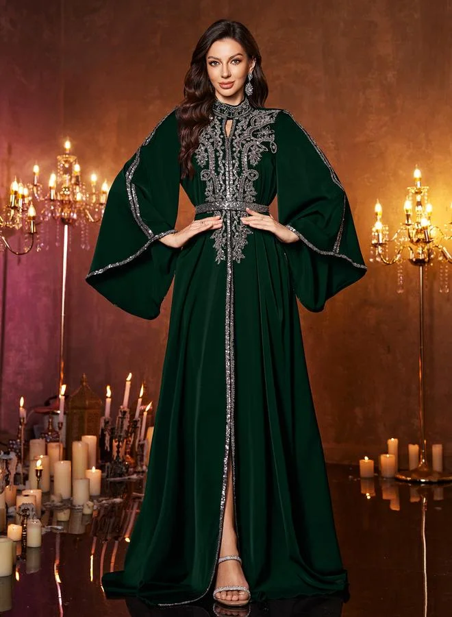 Unithorse Dark Green Sequin Long Sleeves A-Line Maxi Dress