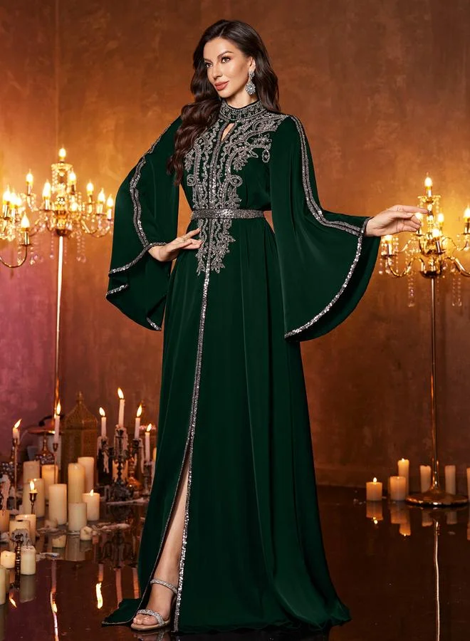 Unithorse Dark Green Sequin Long Sleeves A-Line Maxi Dress