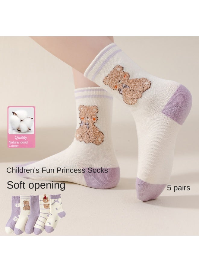Top melon Dreamy Purple】5-pack Girls' Cotton Socks, Moisture-wicking And Breathable Mid-crew Socks, Children's Socks For Spring And Autumn - Image 5
