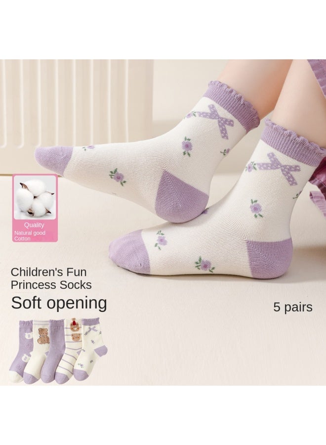 Top melon Dreamy Purple】5-pack Girls' Cotton Socks, Moisture-wicking And Breathable Mid-crew Socks, Children's Socks For Spring And Autumn - Image 3