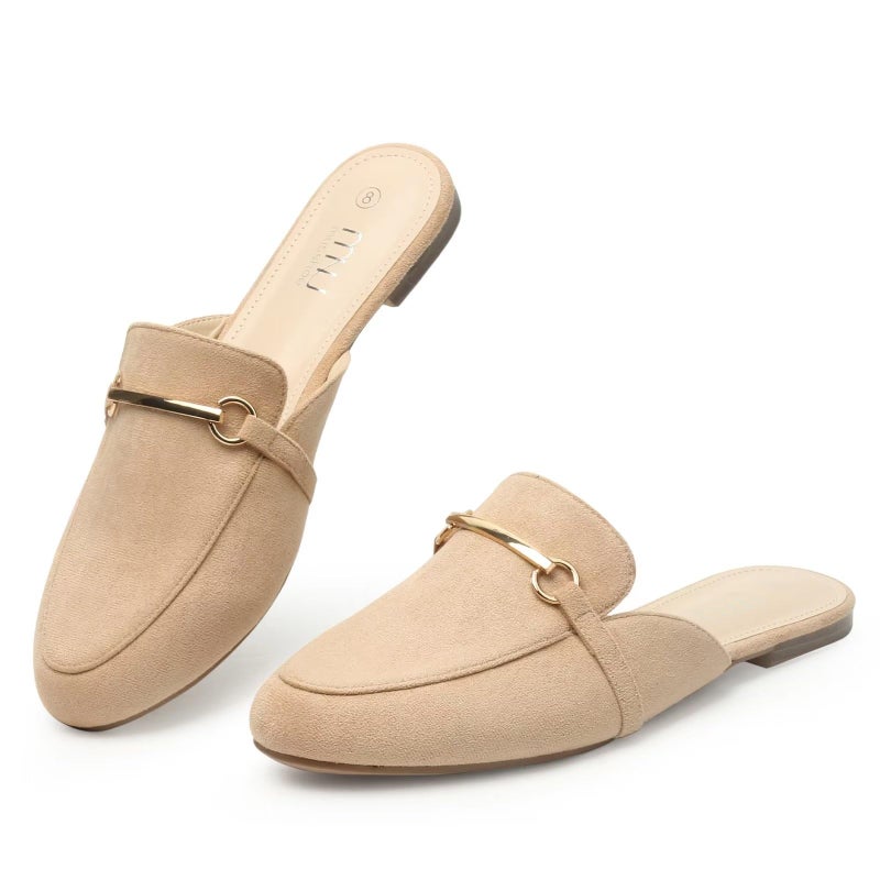 MUSSHOE Gold Buckle Mules for Women - Comfortable Memory Foam Loafers, Classy Slip On Flats for Office Business Casual, Dressy Pointed Toe Shoes - Image 1
