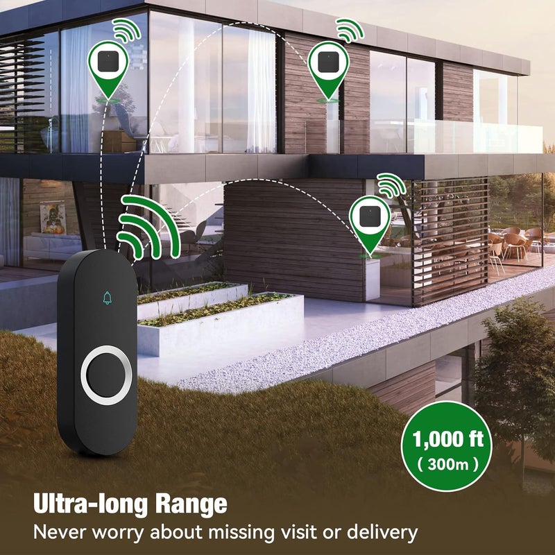 Aida Lighted Wireless Doorbell for Home, Waterproof Battery Doorbell Wireless 1,000ft Range, 5 Volume Levels with 58 Chimes & LED Flash on Receiver (Black, 2 transmitters & 2 Receivers) - Image 2