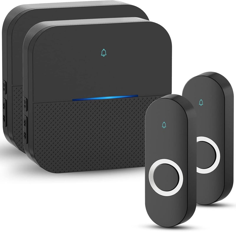 Aida Lighted Wireless Doorbell for Home, Waterproof Battery Doorbell Wireless 1,000ft Range, 5 Volume Levels with 58 Chimes & LED Flash on Receiver (Black, 2 transmitters & 2 Receivers) - Image 1
