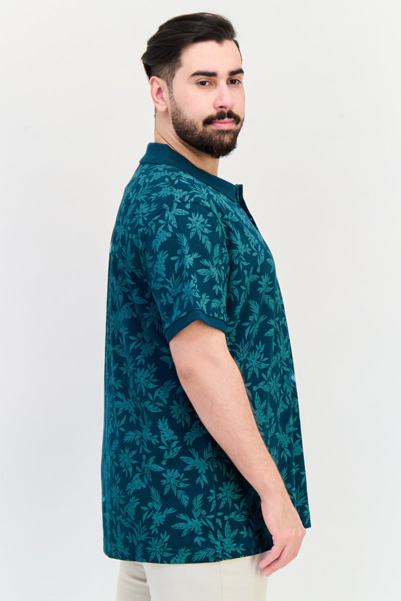 Celio قميص بولو بأكمام قصيرة مزخرف بالزهور للرجال، أخضر - Image 2