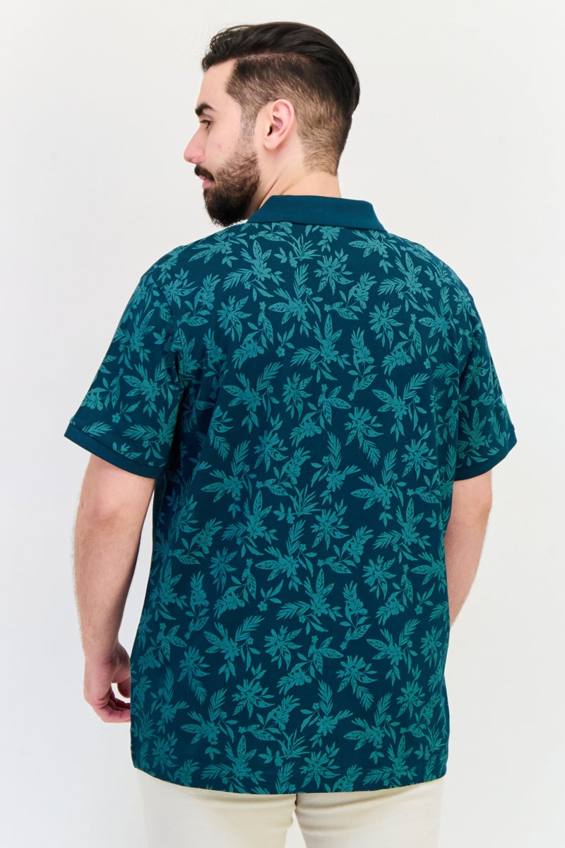 Celio قميص بولو بأكمام قصيرة مزخرف بالزهور للرجال، أخضر - Image 3