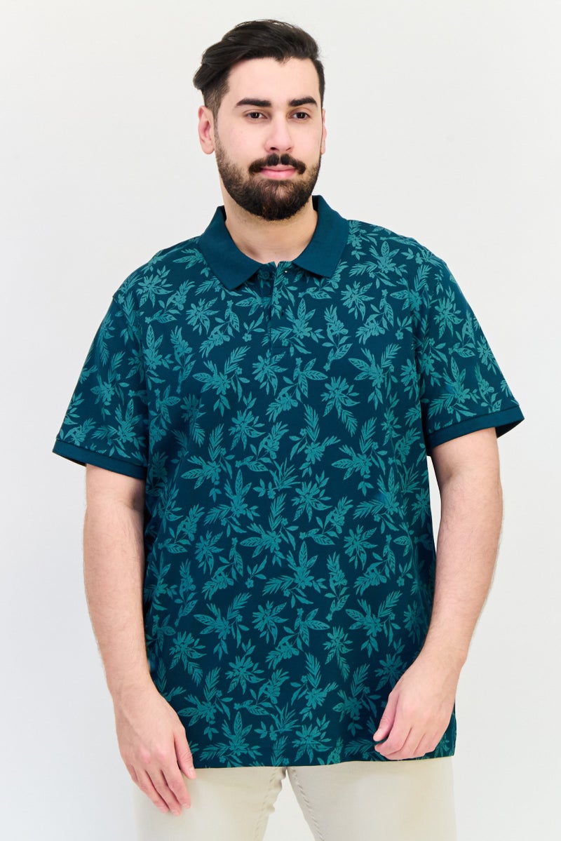 Celio قميص بولو بأكمام قصيرة مزخرف بالزهور للرجال، أخضر - Image 1