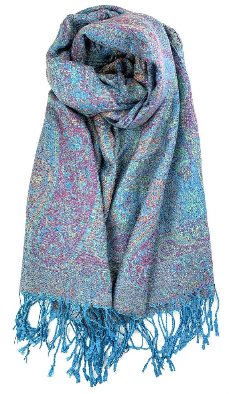 Plum Feathers Pashmina Scarf with Ethnic Tapestry Style Paisley Pattern - 67" x 28" Everyday Pashmina Travel Wrap and Shawl (Turquoise Tapestry) - Image 1