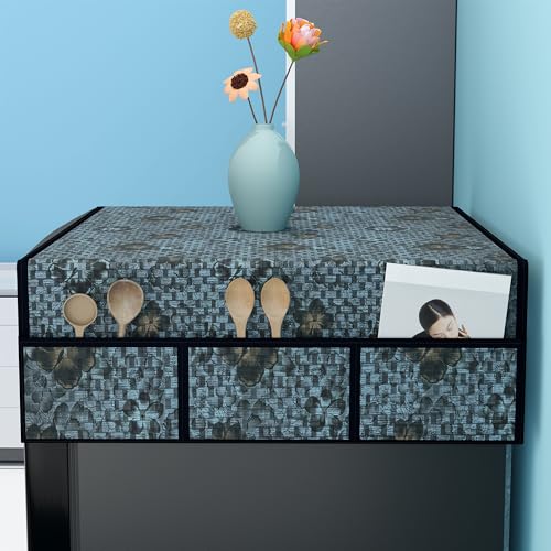 Kuber Industries PVC Fridge Cover Top Single Door with 6 Utility Side Pockets | Anti-Dust Freeze/Refrigerator Top Cover for Kitchen | Flower - Grey & Black - Image 2