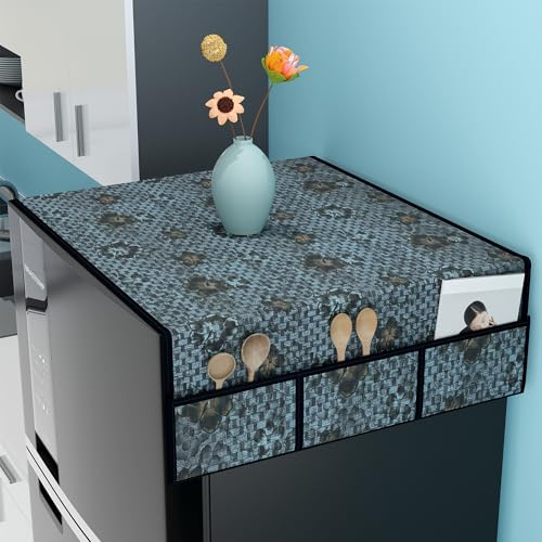 Kuber Industries PVC Fridge Cover Top Single Door with 6 Utility Side Pockets | Anti-Dust Freeze/Refrigerator Top Cover for Kitchen | Flower - Grey & Black - Image 1