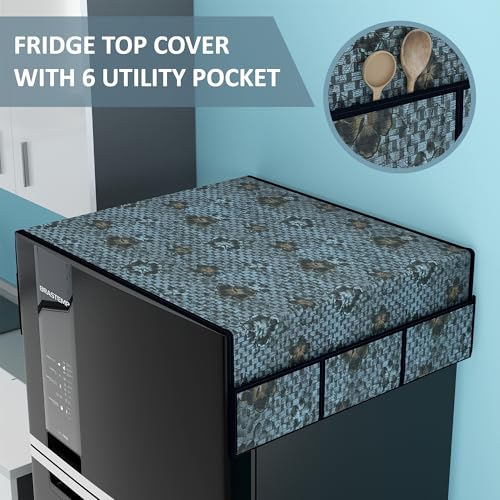 Kuber Industries PVC Fridge Cover Top Single Door with 6 Utility Side Pockets | Anti-Dust Freeze/Refrigerator Top Cover for Kitchen | Flower - Grey & Black - Image 4