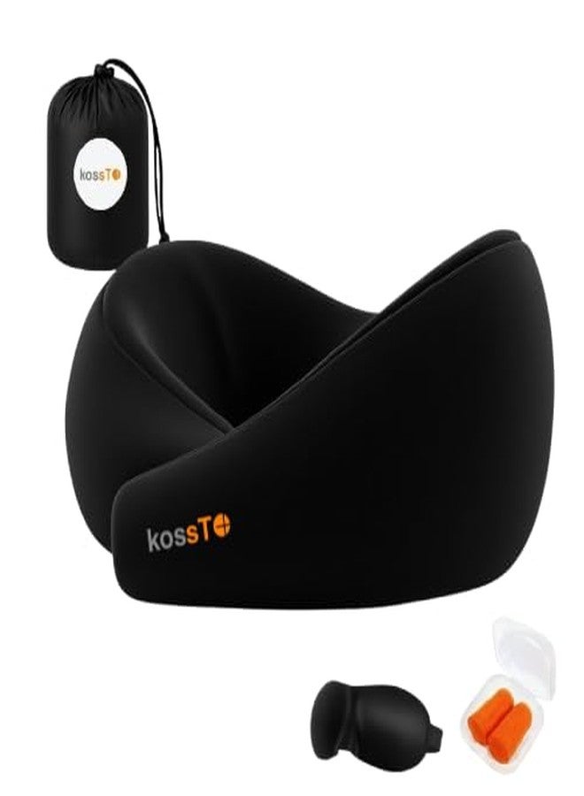 kossto Travel Neck Pillow - 100% Memory Foam Neck Support Pillow for Flight Travel, Adjustable Velcro Straps, Includes Eye Mask & Noise Isolating Ear Plugs with Free Travel Pouch | Velvet Black - Image 1