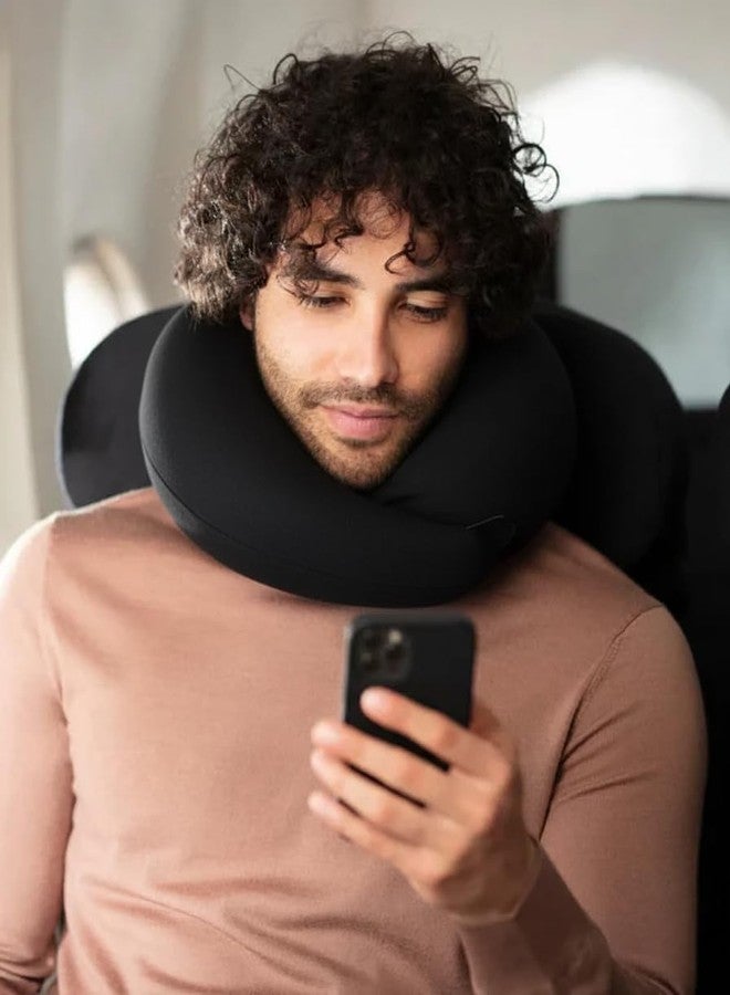 kossto Travel Neck Pillow - 100% Memory Foam Neck Support Pillow for Flight Travel, Adjustable Velcro Straps, Includes Eye Mask & Noise Isolating Ear Plugs with Free Travel Pouch | Velvet Black - Image 4