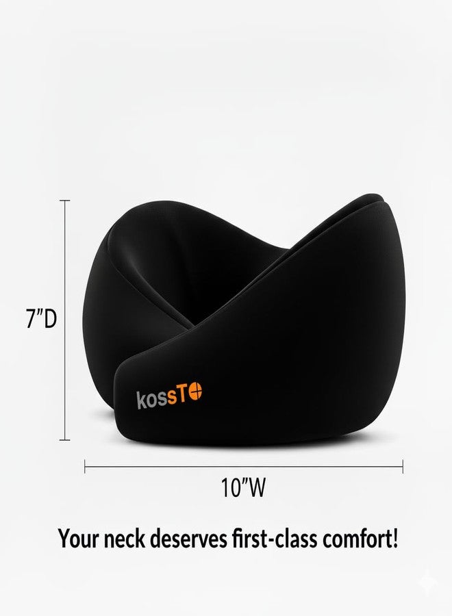 kossto Travel Neck Pillow - 100% Memory Foam Neck Support Pillow for Flight Travel, Adjustable Velcro Straps, Includes Eye Mask & Noise Isolating Ear Plugs with Free Travel Pouch | Velvet Black - Image 5