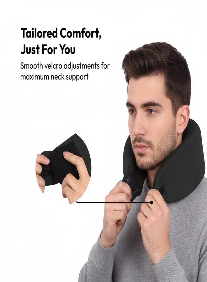 kossto Travel Neck Pillow - 100% Memory Foam Neck Support Pillow for Flight Travel, Adjustable Velcro Straps, Includes Eye Mask & Noise Isolating Ear Plugs with Free Travel Pouch | Velvet Black - Image 3