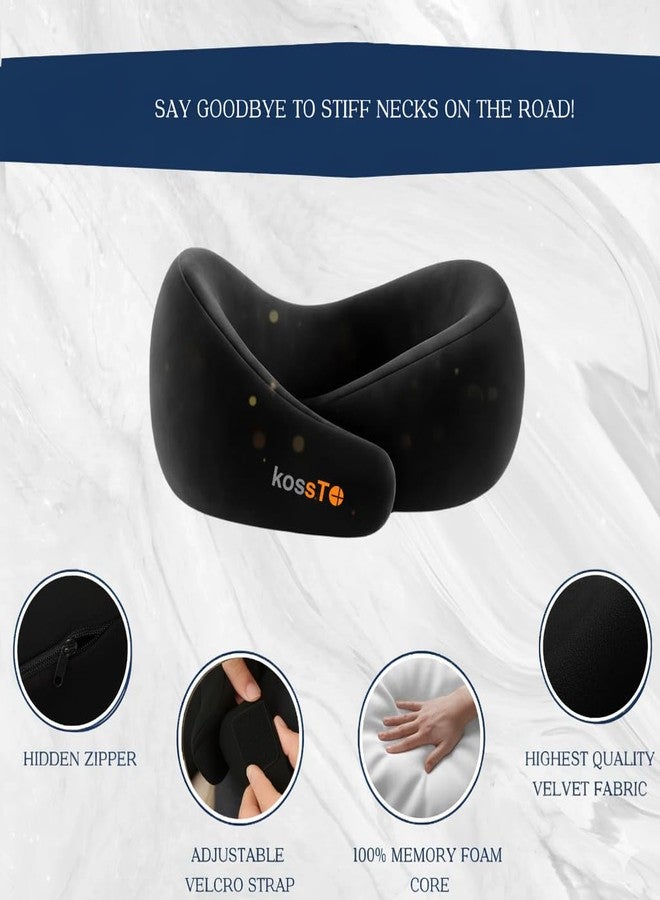 kossto Travel Neck Pillow - 100% Memory Foam Neck Support Pillow for Flight Travel, Adjustable Velcro Straps, Includes Eye Mask & Noise Isolating Ear Plugs with Free Travel Pouch | Velvet Black - Image 2