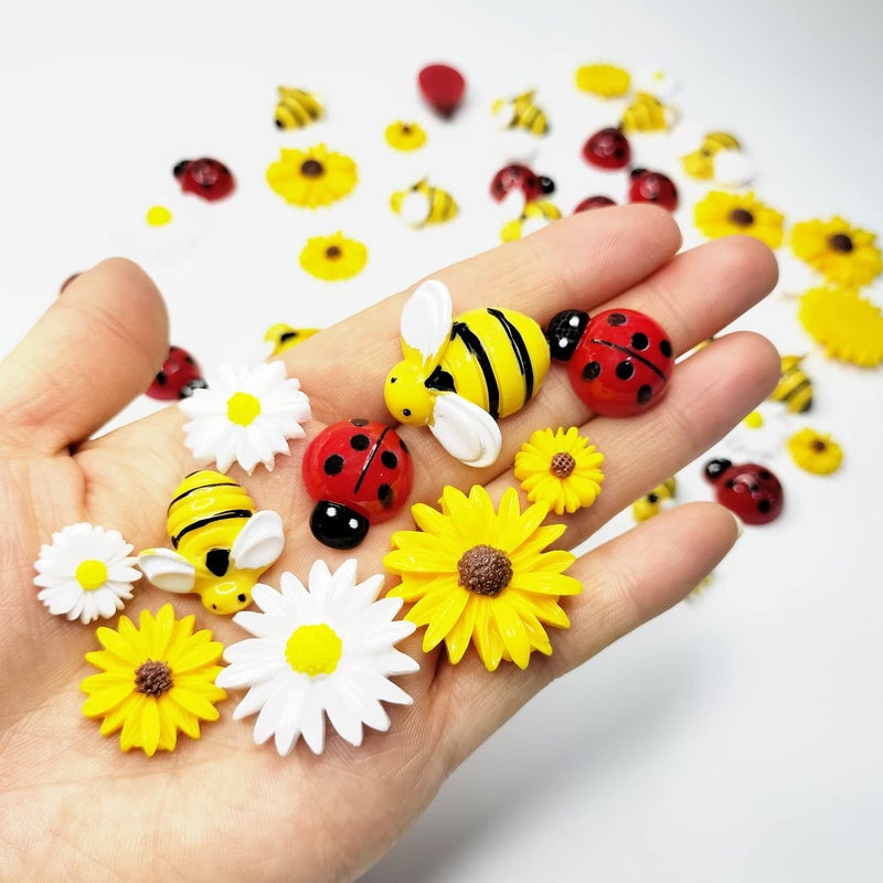 glacely 120pcs Mini Resin Bee Daisy Flowers Decor and Ladybugs Embellishments, Including 30 Pcs Tiny Resin Ladybug 30 Pcs Bee and 60 Pcs Sunflower Decorations for DIY Craft Cloth Pen Box Home Decor - Image 2