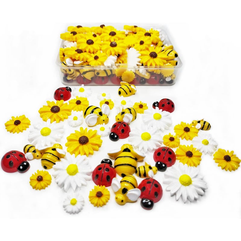 glacely 120pcs Mini Resin Bee Daisy Flowers Decor and Ladybugs Embellishments, Including 30 Pcs Tiny Resin Ladybug 30 Pcs Bee and 60 Pcs Sunflower Decorations for DIY Craft Cloth Pen Box Home Decor - Image 1
