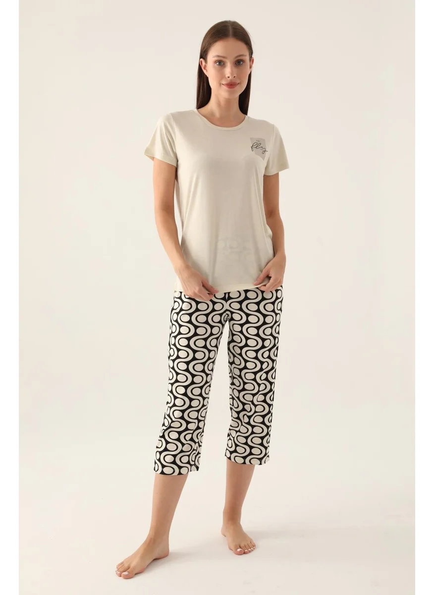 Arnetta Geometric Patterned Crew Neck Women's Capri Set, Plus Size Women's Pajamas, Cotton