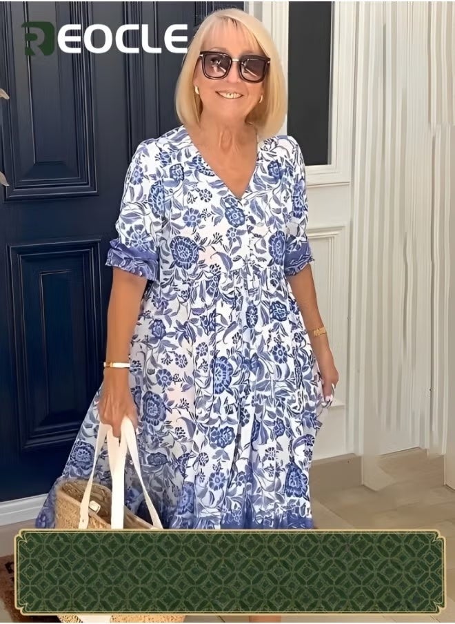 ريوكل فستان نسائي من القميص المكشكش بأزرار مع طباعة عصرية بأكمام قصيرة ورقبة على شكل حرف V فستان ماكسي من الساتان لحفلة أنيقة - Image 1