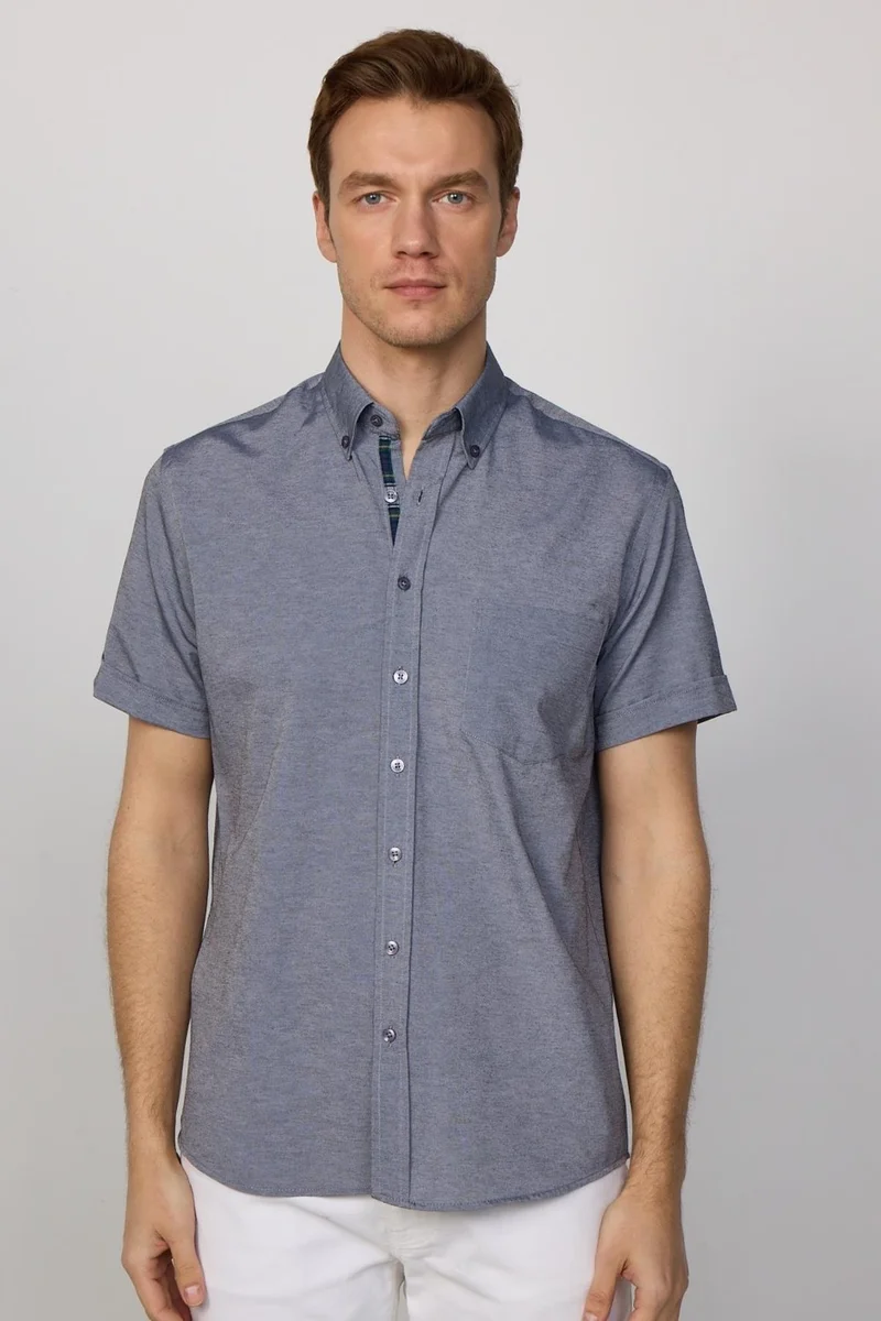 Tudors Classic Fit Short Sleeve Single Pocket Oxford Texture Button Collar Navy Blue Plain Shirt
