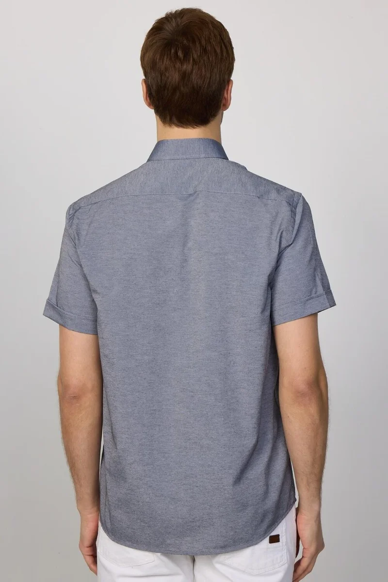 Tudors Classic Fit Short Sleeve Single Pocket Oxford Texture Button Collar Navy Blue Plain Shirt
