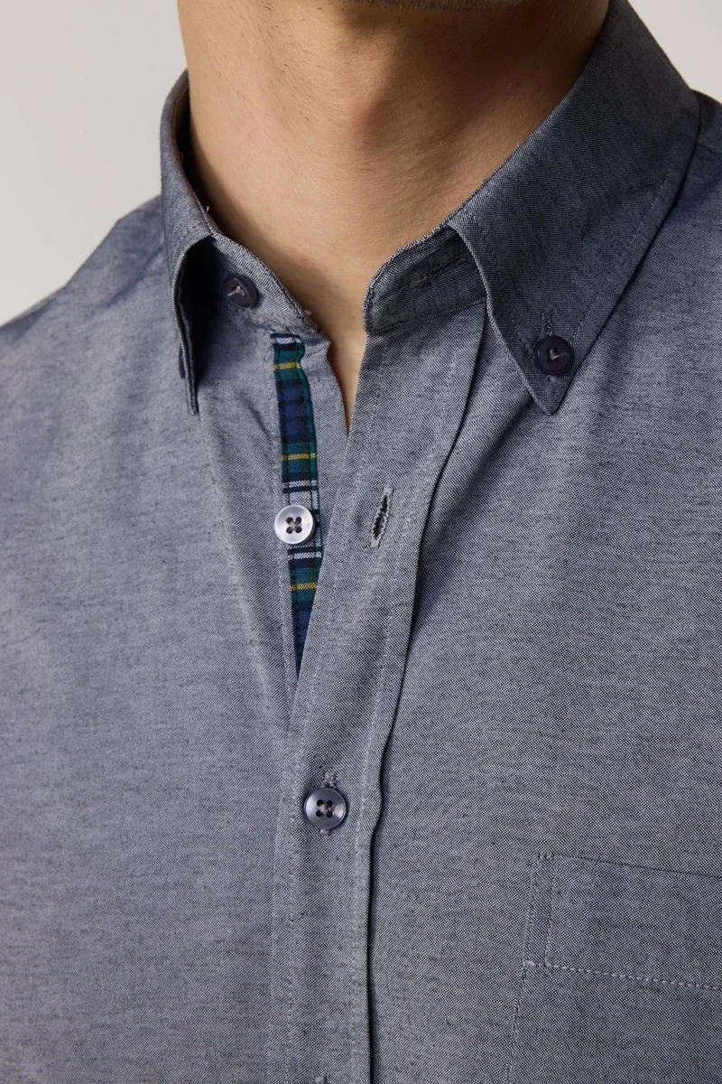 Tudors Classic Fit Short Sleeve Single Pocket Oxford Texture Button Collar Navy Blue Plain Shirt