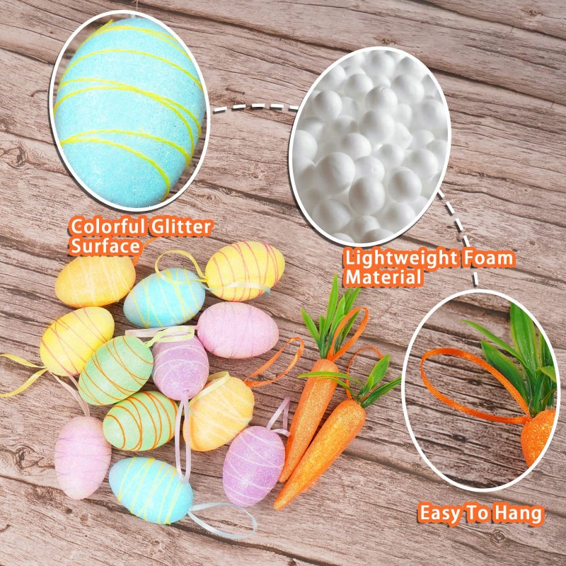 YBB 24 PCS Easter Egg Carrot Ornament  Foam Glittering Hanging Eggs Carrots for Easter Party Supplies Tree Decoration - Image 3