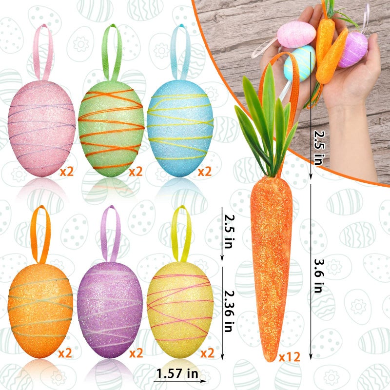 YBB 24 PCS Easter Egg Carrot Ornament  Foam Glittering Hanging Eggs Carrots for Easter Party Supplies Tree Decoration - Image 2