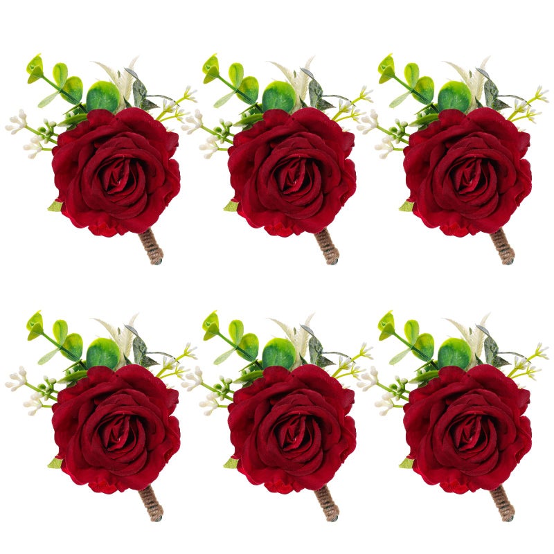 Gvhntk Red Rose Boutonniere for Men Wedding Set of 6 Groom Groomsmen Best Man Artificial Flowers Boutonniere for Wedding Ceremony Anniversary Prom Flowers Formal Dinner Party (6  Red  Middle) - Image 1