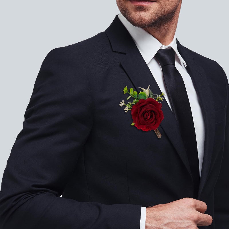 Gvhntk Red Rose Boutonniere for Men Wedding Set of 6 Groom Groomsmen Best Man Artificial Flowers Boutonniere for Wedding Ceremony Anniversary Prom Flowers Formal Dinner Party (6  Red  Middle) - Image 3