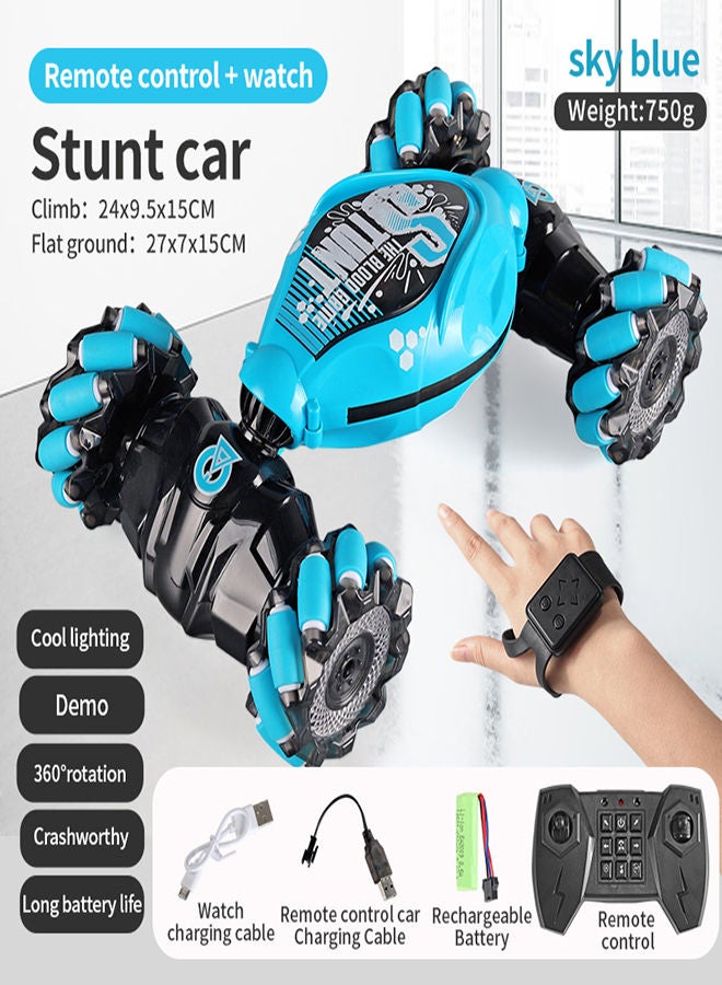 AROAQ Sky Blue Remote Control Stunt Car 4WD Stunt Gesture Induction Twisting Off Road 360 Rotation Vehicle Cool Light Music Drift Traverse Remote Control and Watch Dancing Side Driving Toy  - Image 1
