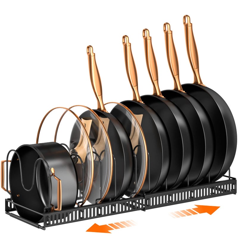 MUDEELA Pots and Pans Organizer Rack for under Cabinet Expandable 11712285 Pot Lid Kitchen Cabinet Organizer Holder with 10 Adjustable Compartment Cutting Board Organizer for Pan Lid Bakeware