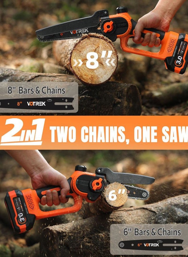 VOTREK [2-in-1] 8" & 6" Chainsaw Cordless with 2x3.0AH Batteries - Powerful Brushless Electric Mini Chain Saw Set (4 Chains& 2 Bars), Christmas Gardening Tools Gifts for Husband Dad Mom Father Men - Image 2