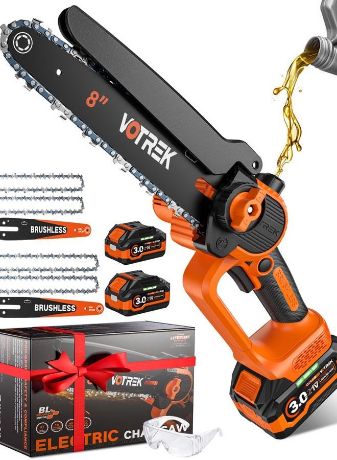 VOTREK [2-in-1] 8" & 6" Chainsaw Cordless with 2x3.0AH Batteries - Powerful Brushless Electric Mini Chain Saw Set (4 Chains& 2 Bars), Christmas Gardening Tools Gifts for Husband Dad Mom Father Men - Image 1