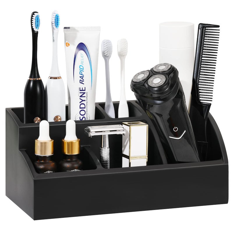 Luxspire Bathroom Counter Organizer Toothbrush Holder for Bathroom 5 Slot Large Bathroom Countertop Organizer Storage Marble Bathroom Accessories for Toothbrush Toothpaste Matte Black