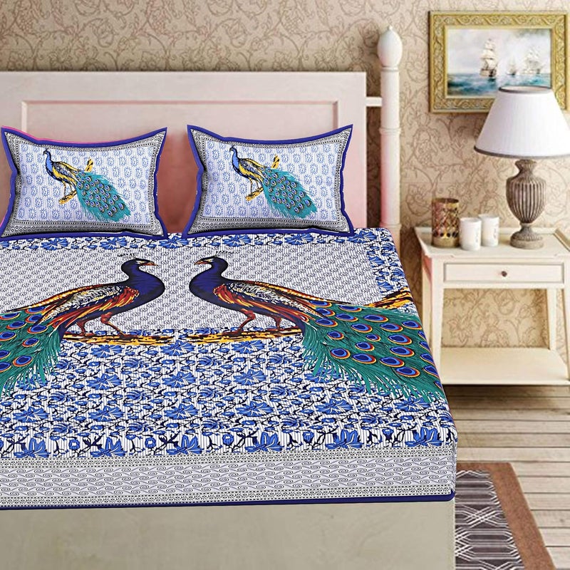 EarlyMart Cotton Floral Comfort 144 TC Rajasthani Jaipuri Traditional Double Bed Bedsheet with 2 Pillow Covers Double_036 Blue King Size - Image 2