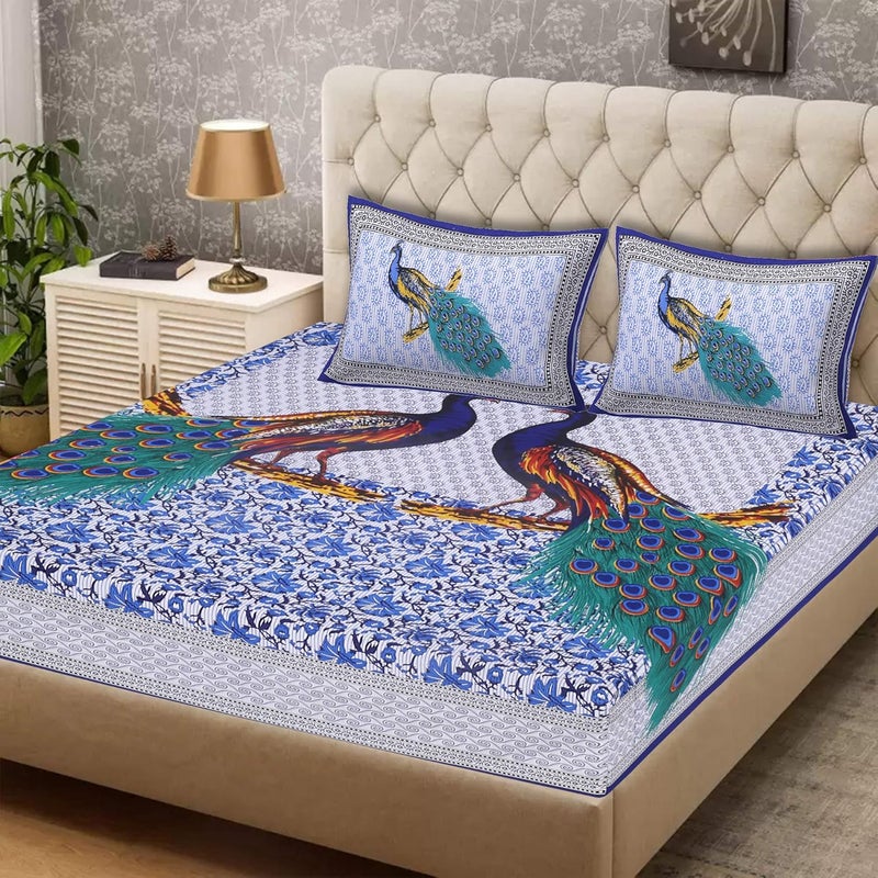 EarlyMart Cotton Floral Comfort 144 TC Rajasthani Jaipuri Traditional Double Bed Bedsheet with 2 Pillow Covers Double_036 Blue King Size - Image 1