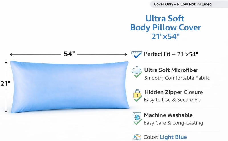 EVOLIVE Ultra Soft Microfiber Body Pillow Cover/Pillowcases 21"x54" with Hidden Zipper Closure (21"x54" Body Pillow Cover, Light Blue) - Image 3