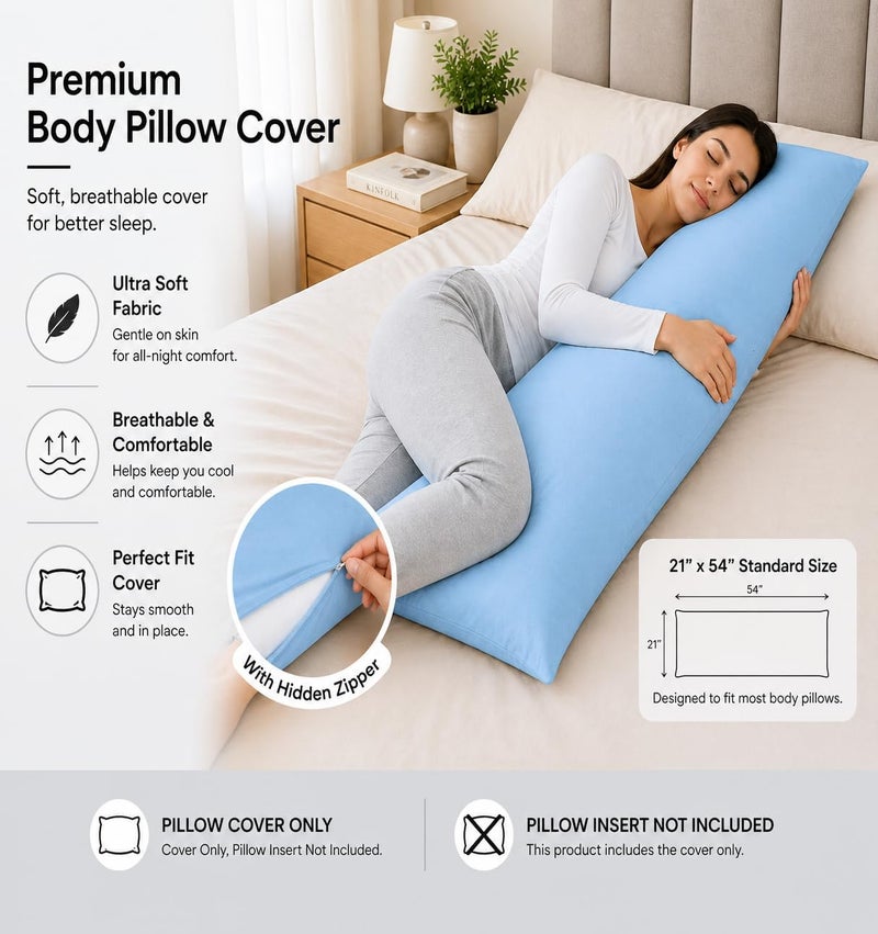 EVOLIVE Ultra Soft Microfiber Body Pillow Cover/Pillowcases 21"x54" with Hidden Zipper Closure (21"x54" Body Pillow Cover, Light Blue) - Image 2