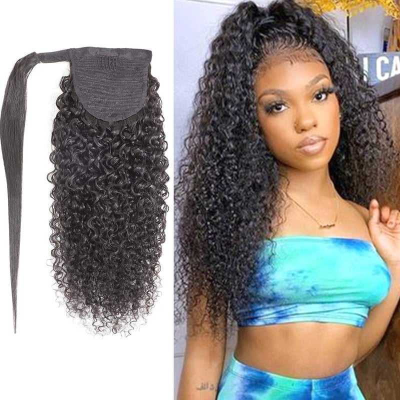 Feelgrace Kinky Curly Human Hair Ponytail Wrap Around Extension Kinky Curly Afro Ponytail Clip In Human Hair Extension Natural Looking Black 10A Brazilian Hair 14 Inch