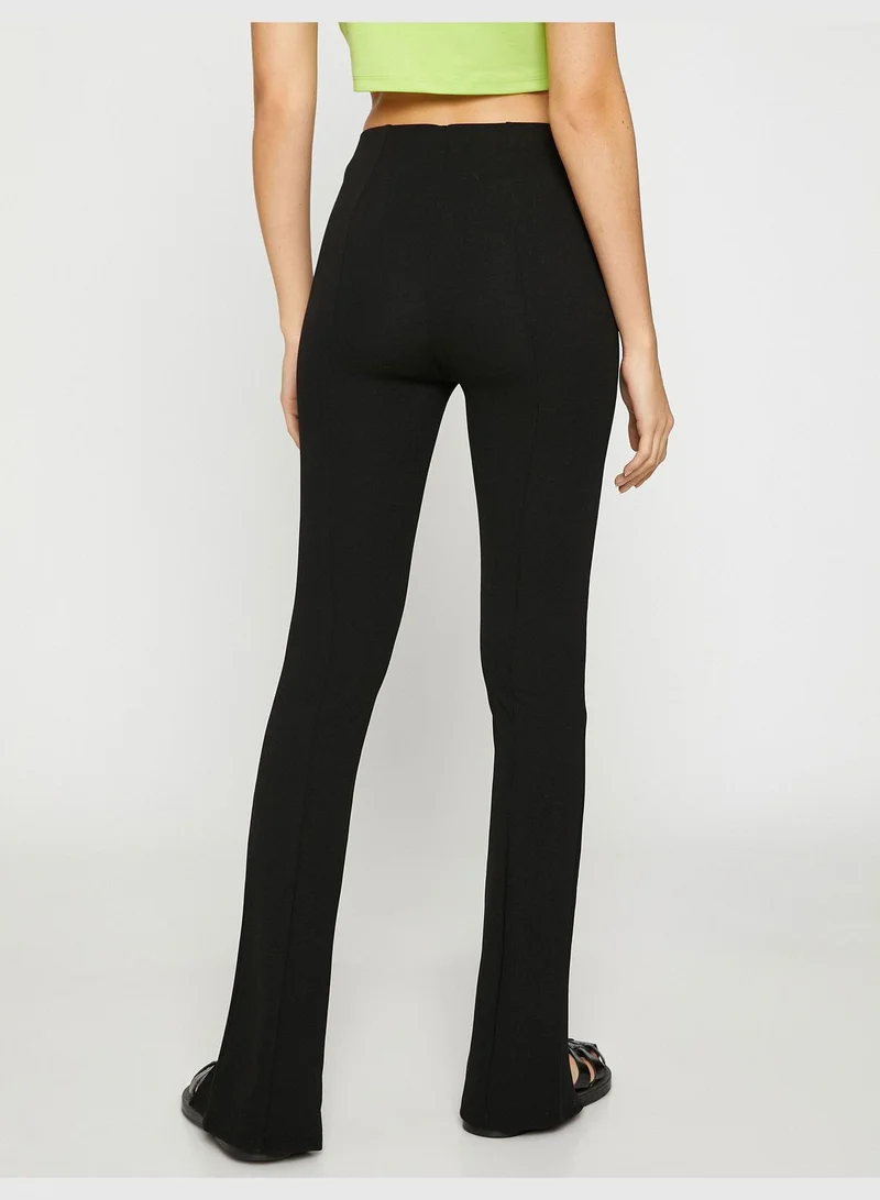 KOTON Flare Leg Trousers Ribbed Slit Detail High Waist